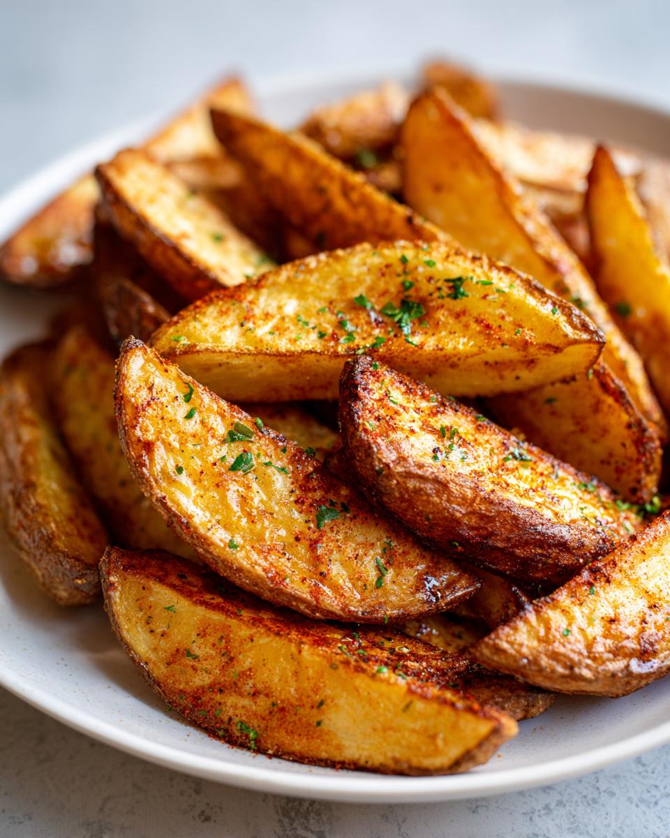A close-up of golden brown, seasoned air fryer potato wedges piled high on a white plate, sprinkled with parsley.