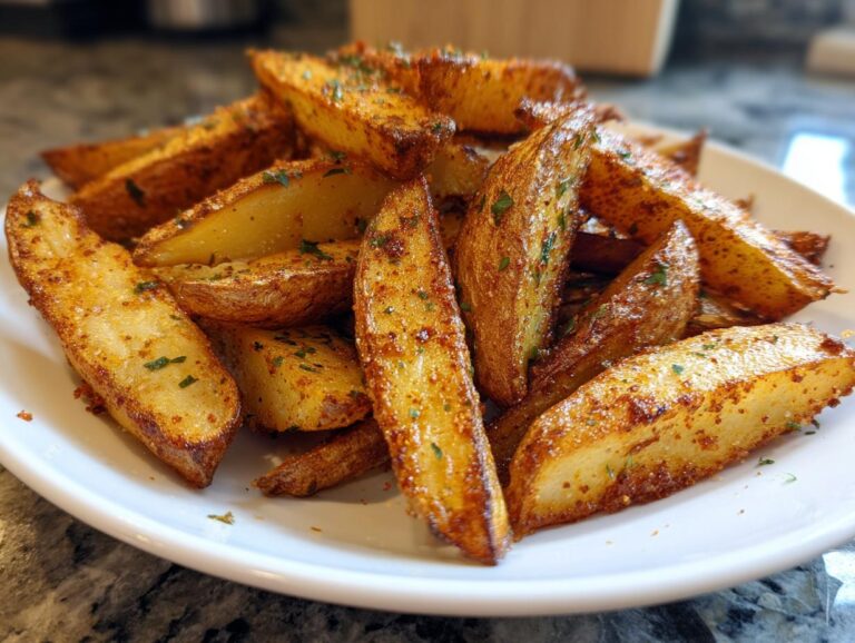 A close-up shot of a pile of golden brown, seasoned air fryer potato wedges sprinkled with parsley on a white plate.