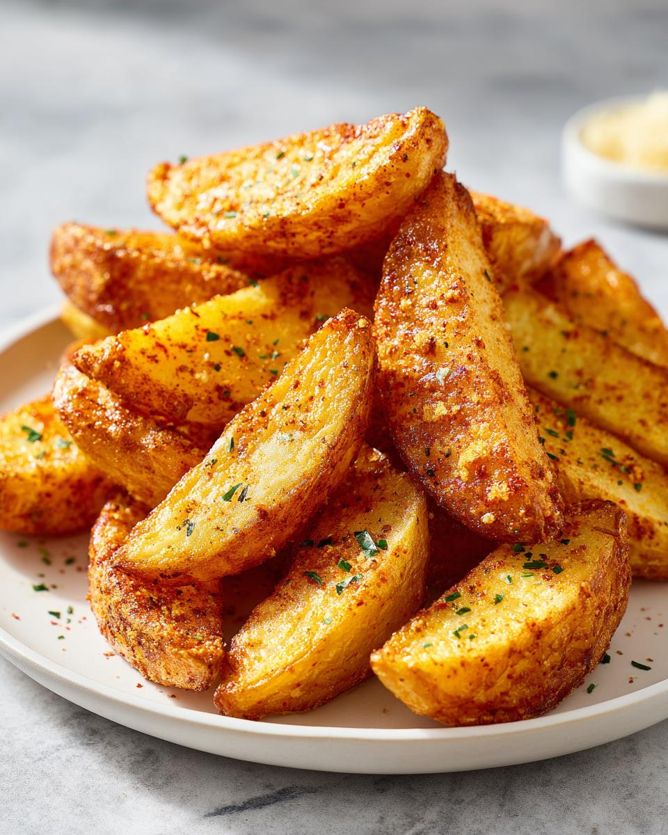 A close-up of a mound of golden brown, seasoned air fryer potato wedges stacked on a white plate.