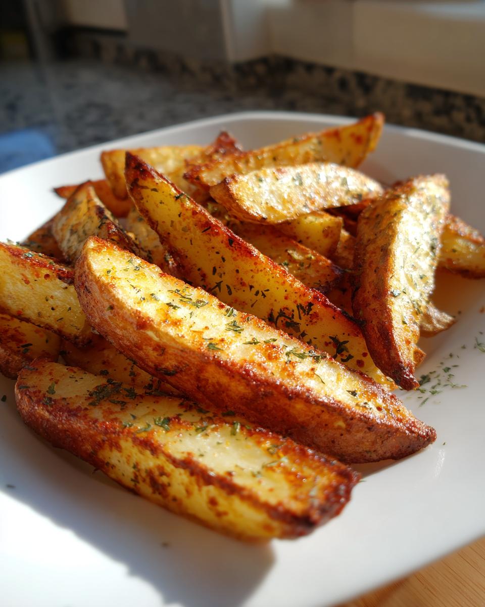 A close-up of golden brown, seasoned air fryer potato wedges piled high on a white plate.