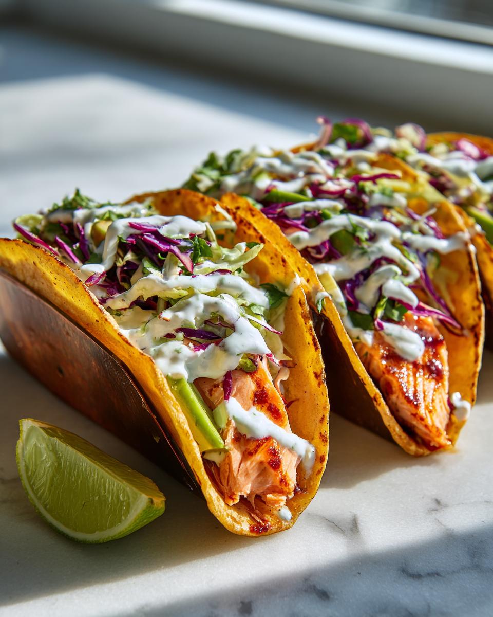 Close-up of three crispy shell salmon tacos loaded with flaky salmon, slaw, avocado, and drizzled with white sauce, next to a lime wedge.