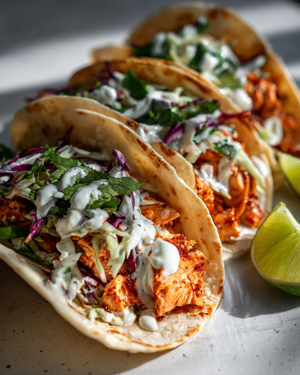 Close-up of three delicious salmon tacos filled with seasoned salmon, slaw, and drizzled with a white sauce, next to a lime wedge.