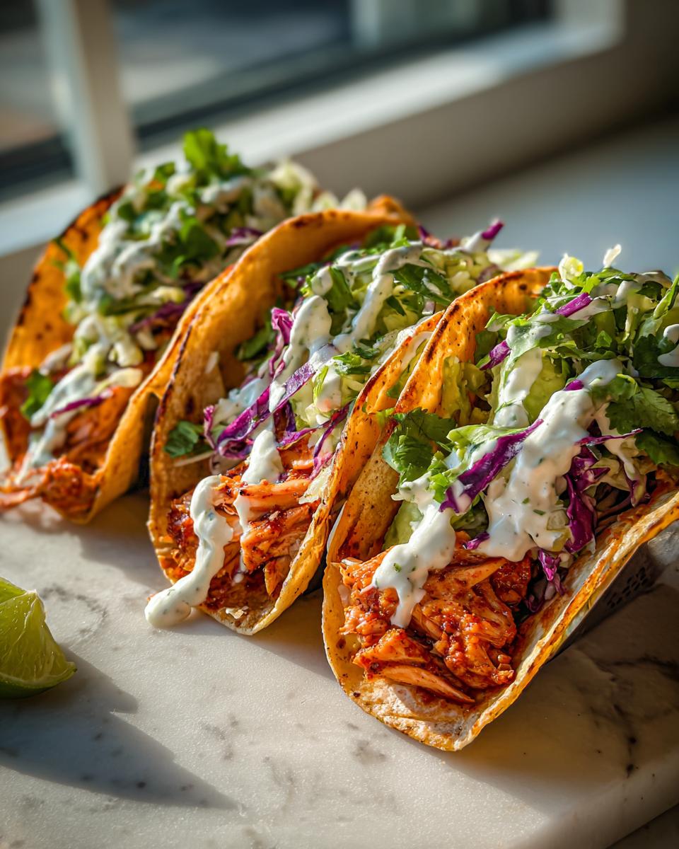 Close-up of three crispy shell salmon tacos filled with seasoned fish, purple cabbage slaw, and drizzled with white sauce.