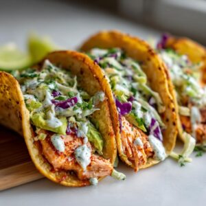 Three crispy shell salmon tacos filled with flaky salmon, avocado, purple cabbage slaw, and drizzled with creamy sauce.