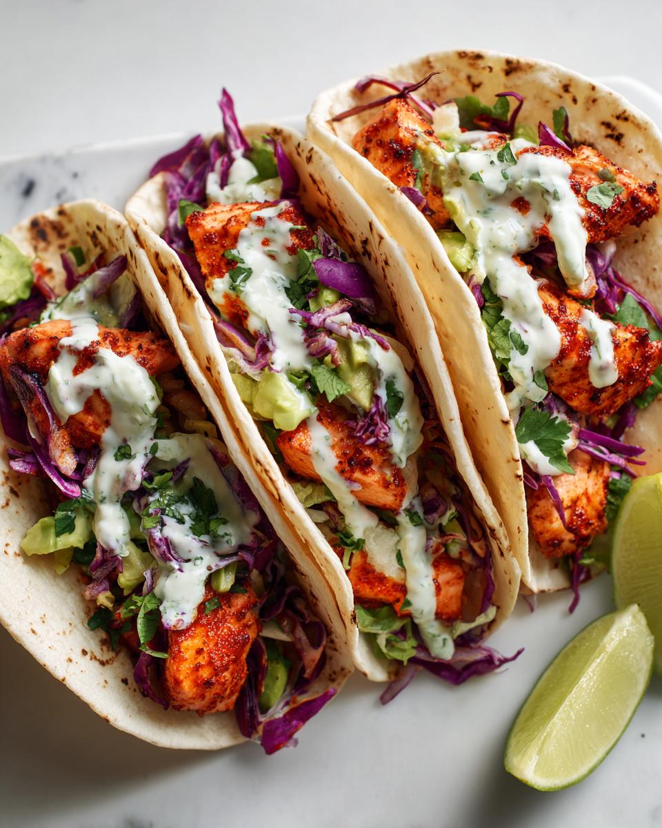 Three fully loaded salmon tacos featuring seasoned salmon chunks, purple cabbage slaw, and creamy sauce, served with lime wedges.