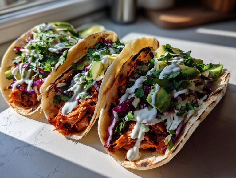 Three fully loaded salmon tacos featuring flaky salmon, red cabbage slaw, avocado, and a white drizzle, ready to eat.