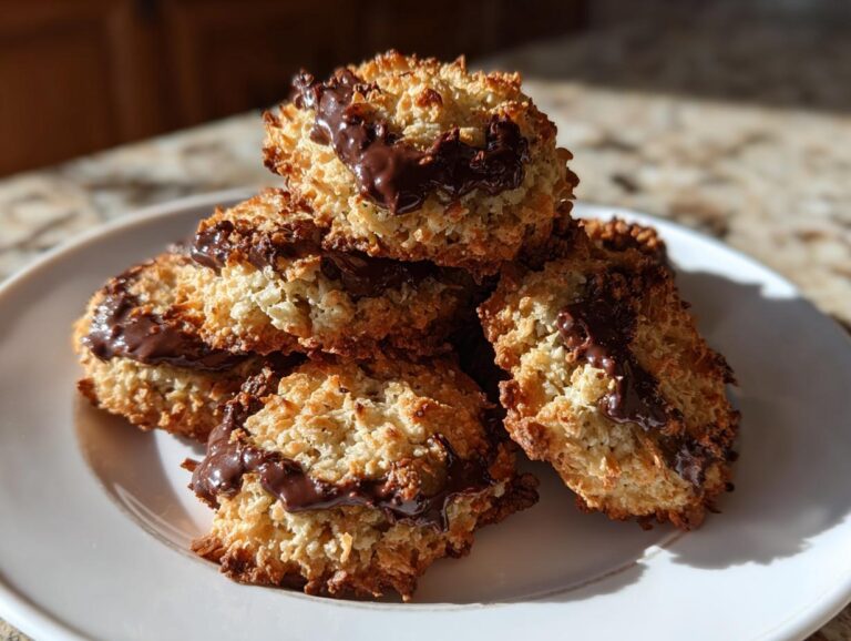 A stack of golden brown almond joy cookies drizzled with melted chocolate on a white plate.