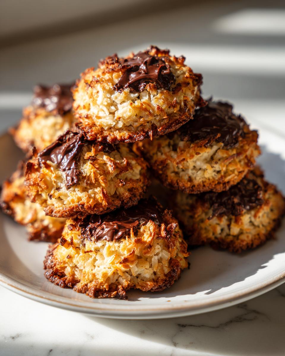 A stack of golden brown, toasted coconut almond joy cookies topped with melted chocolate.