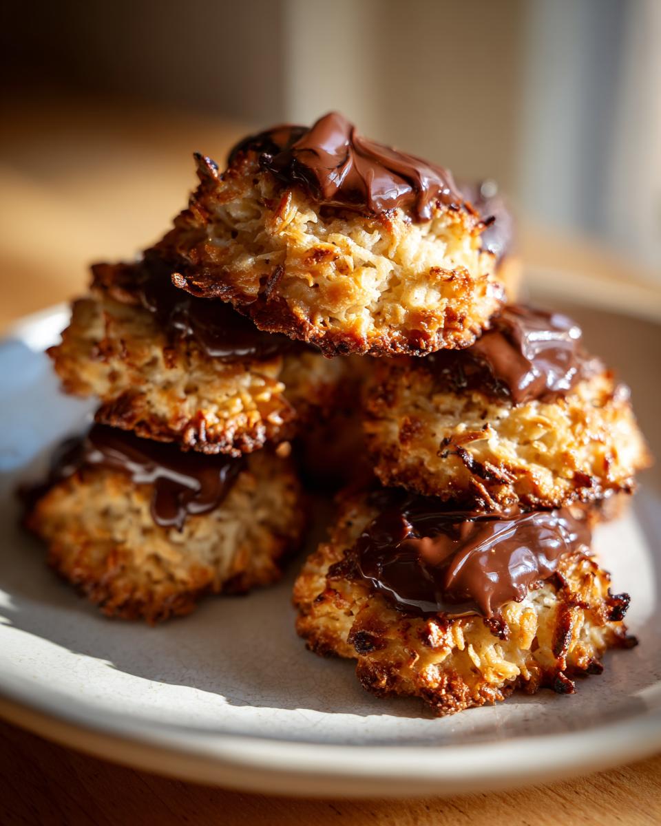 A stack of golden brown, toasted coconut Almond Joy cookies topped with melted chocolate.
