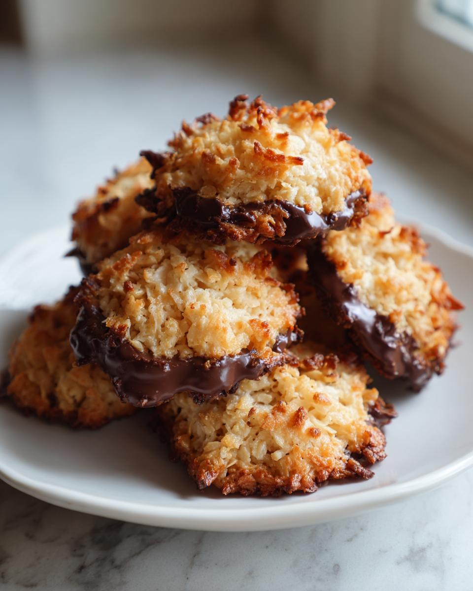 A stack of golden brown, toasted coconut almond joy cookies dipped in melted chocolate, resting on a white plate.