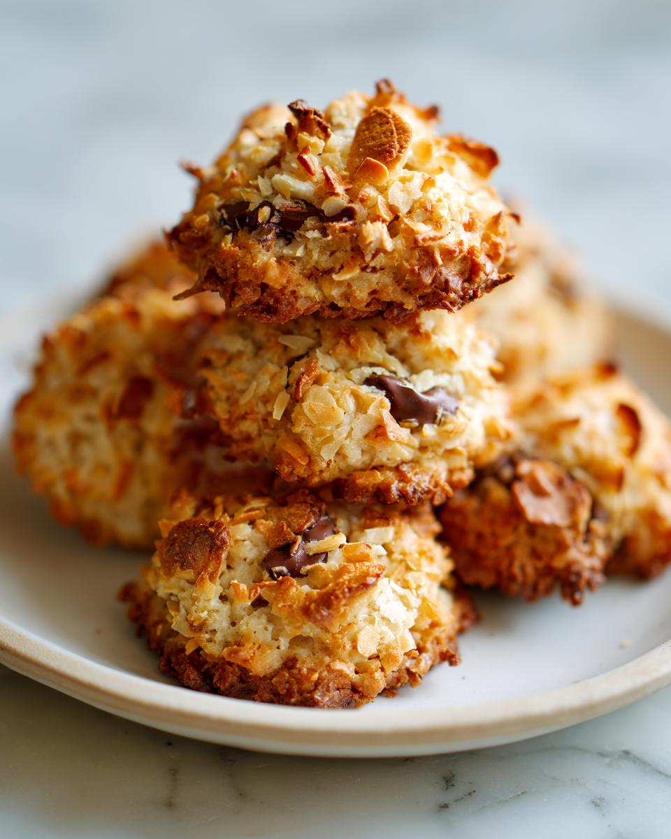 A close-up stack of golden brown almond joy cookies featuring toasted coconut and visible chocolate chips on a light plate.