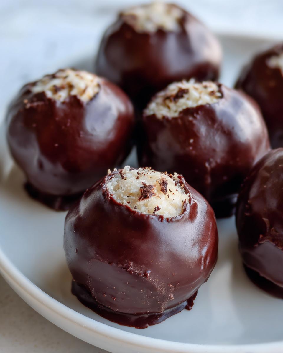 Several homemade almond joy truffles coated in dark chocolate with a visible coconut filling on top.