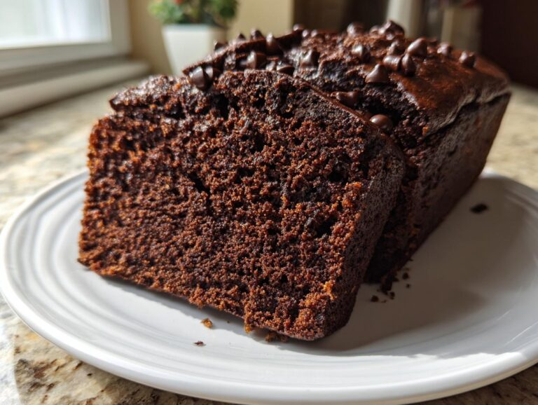 A close-up of a thick slice of moist, dark chocolate bread topped with chocolate chips.