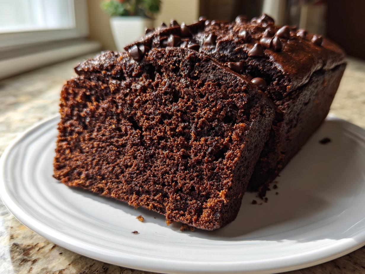 A close-up of a thick slice of moist, dark chocolate bread topped with chocolate chips.