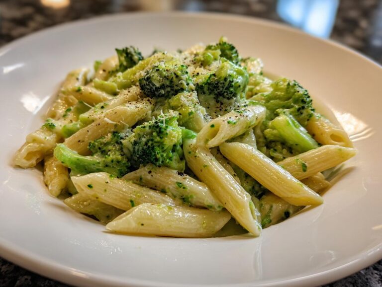A close-up shot of creamy penne pasta mixed with bright green broccoli florets, finished with grated cheese and pepper, showcasing the amazing 1-pot broccoli pasta.