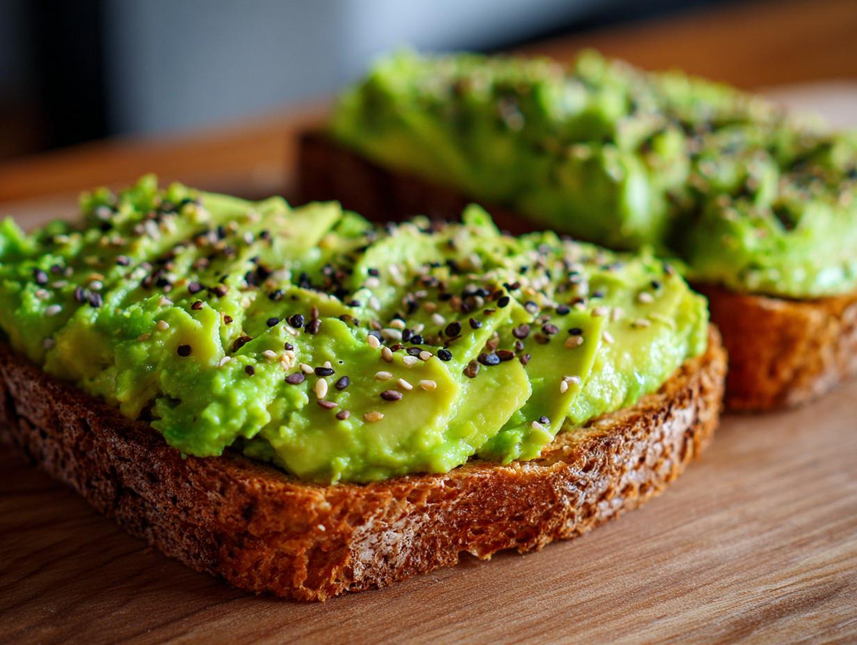 Close-up of perfectly prepared avocado toast topped with everything bagel seasoning on dark toasted bread.