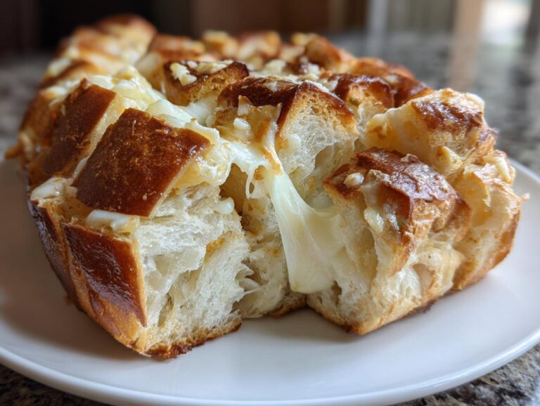 Close-up of a loaf of baked cheese bread, showing gooey melted cheese stretching between the pull-apart sections.