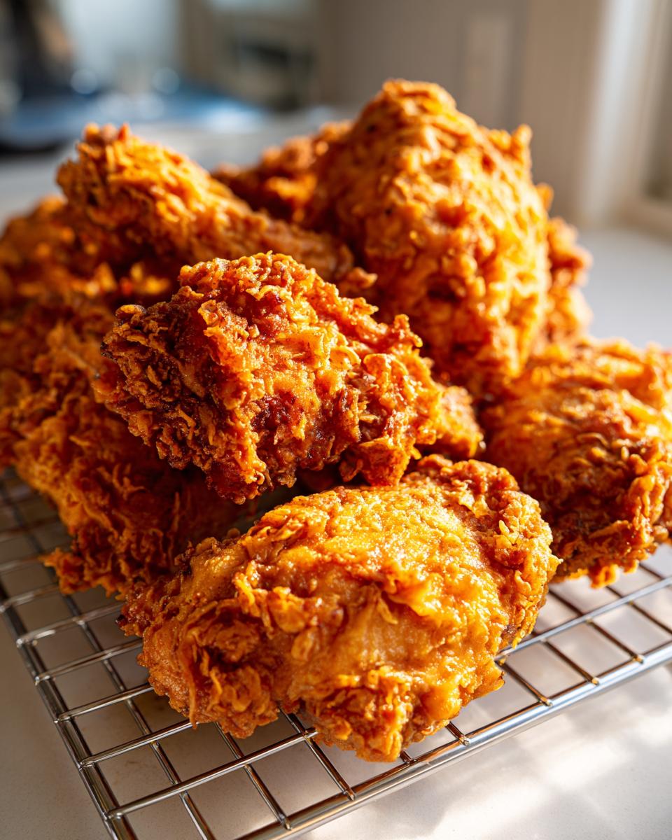 A close-up of several pieces of perfectly cooked, crispy fried chicken resting on a wire cooling rack.