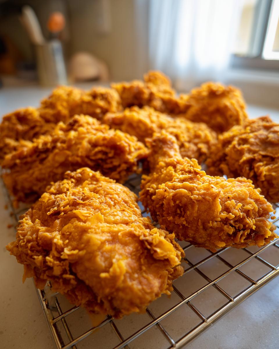Close-up of several pieces of golden brown, crispy fried chicken resting on a wire cooling rack.