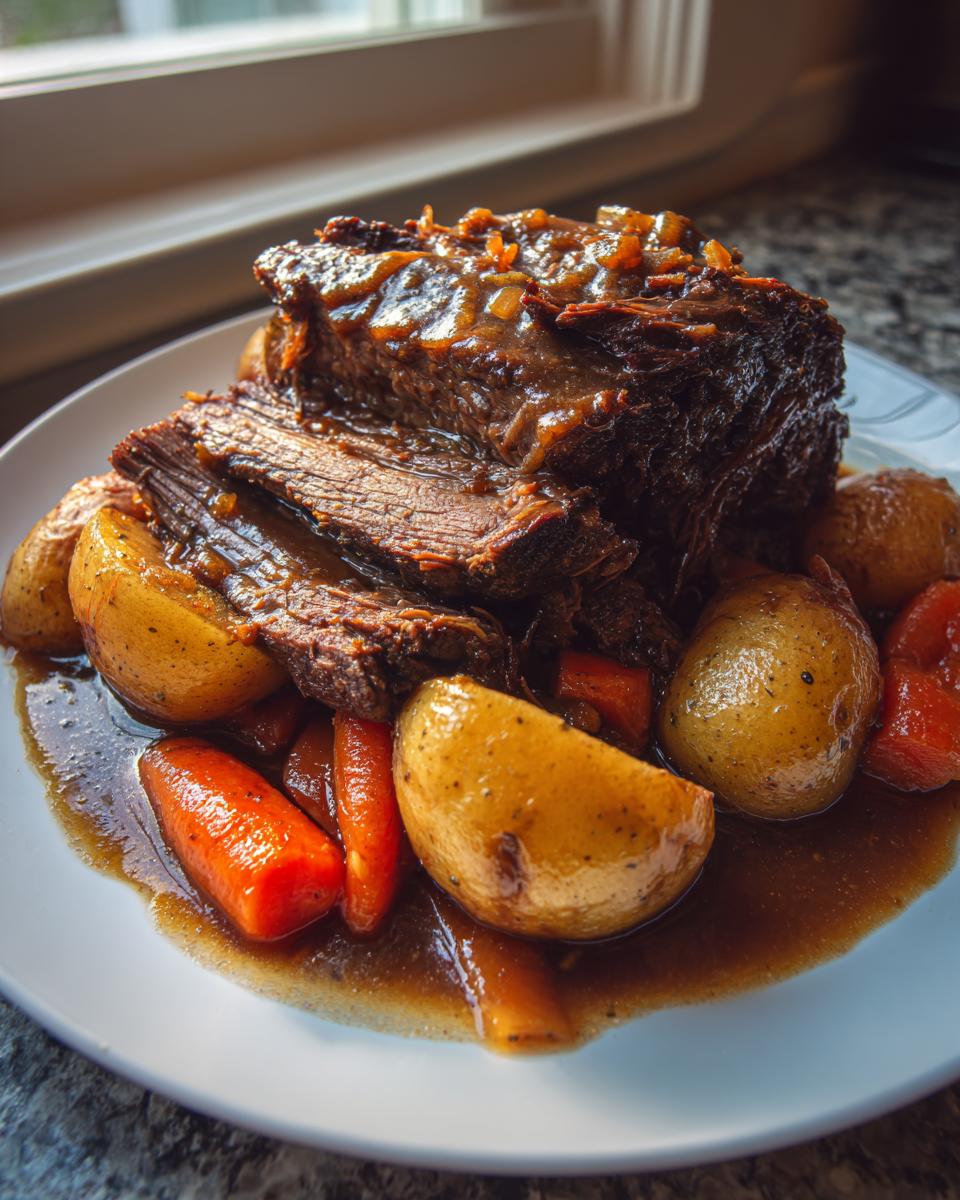 A serving of tender, shredded pot roast covered in rich gravy, served with roasted potatoes and carrots.