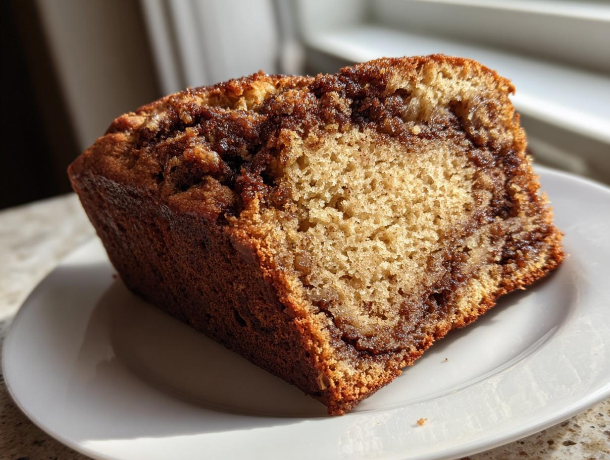A close-up view of a thick slice of moist apple bread featuring a rich cinnamon swirl center, served on a white plate.