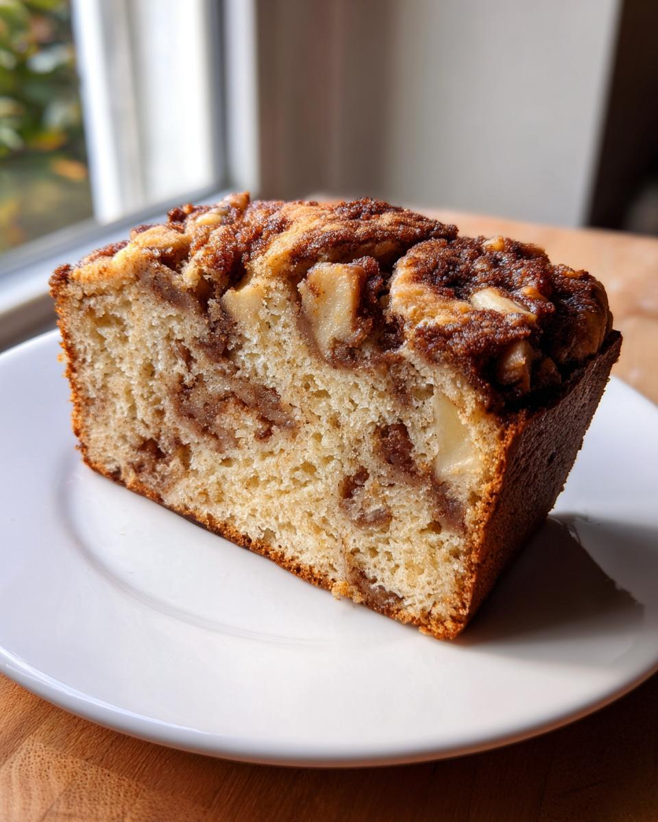 A close-up slice of moist apple bread featuring visible apple chunks and a rich cinnamon swirl topping.