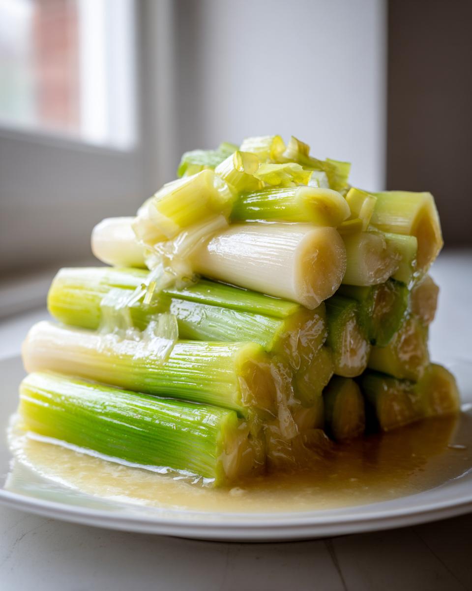 A stack of tender, bright green and white braised leeks sitting in a light sauce on a white plate.