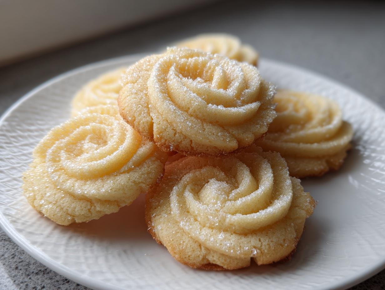 Close-up of several golden butter cookie roses, dusted lightly with sparkling sugar, arranged on a white plate.