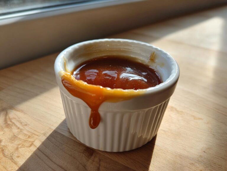 A close-up of rich, glossy homemade caramel sauce served in a small white ramekin, dripping slightly down the side.