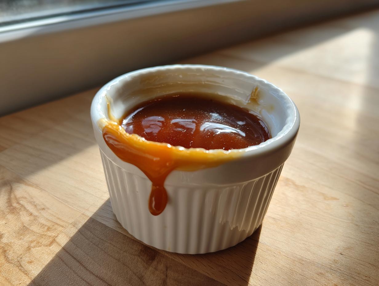 A close-up of rich, glossy homemade caramel sauce served in a small white ramekin, dripping slightly down the side.