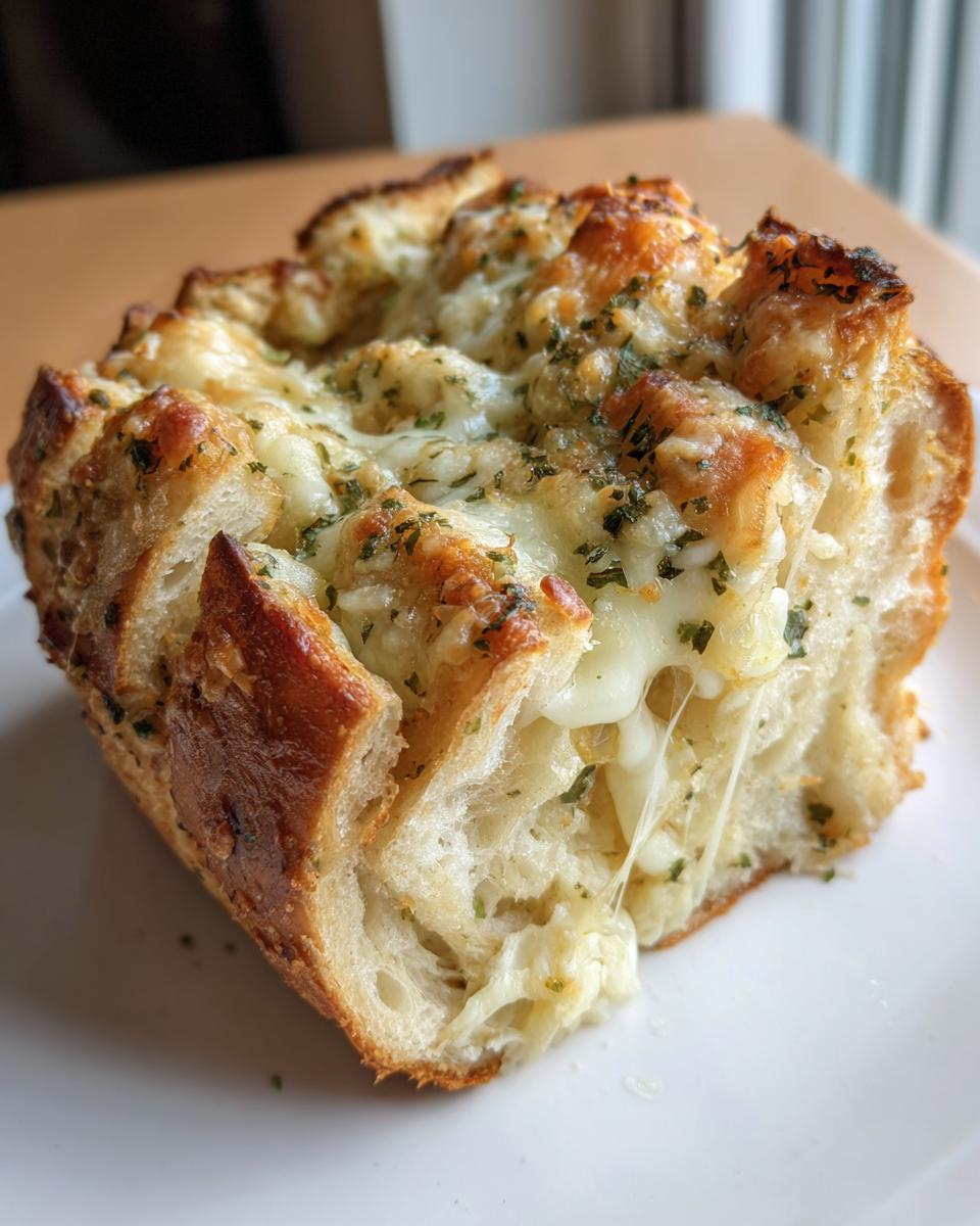 Close-up of a piece of baked cheese bread showing melted, stringy cheese pulling apart, topped with herbs.