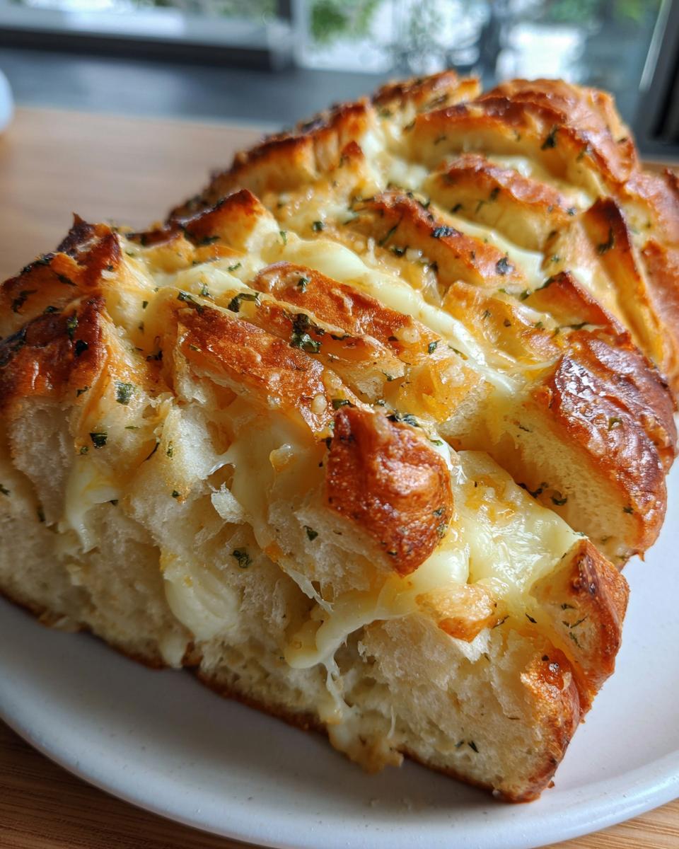 Close-up of freshly baked, golden-brown cheese bread with melted mozzarella oozing from the cuts.