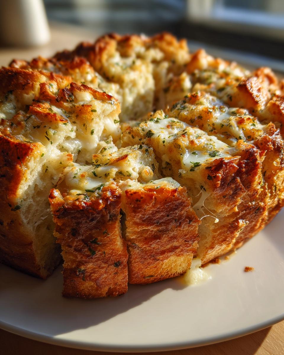 Close-up of a freshly baked, pull-apart cheese bread loaf, glistening with melted cheese and herbs.