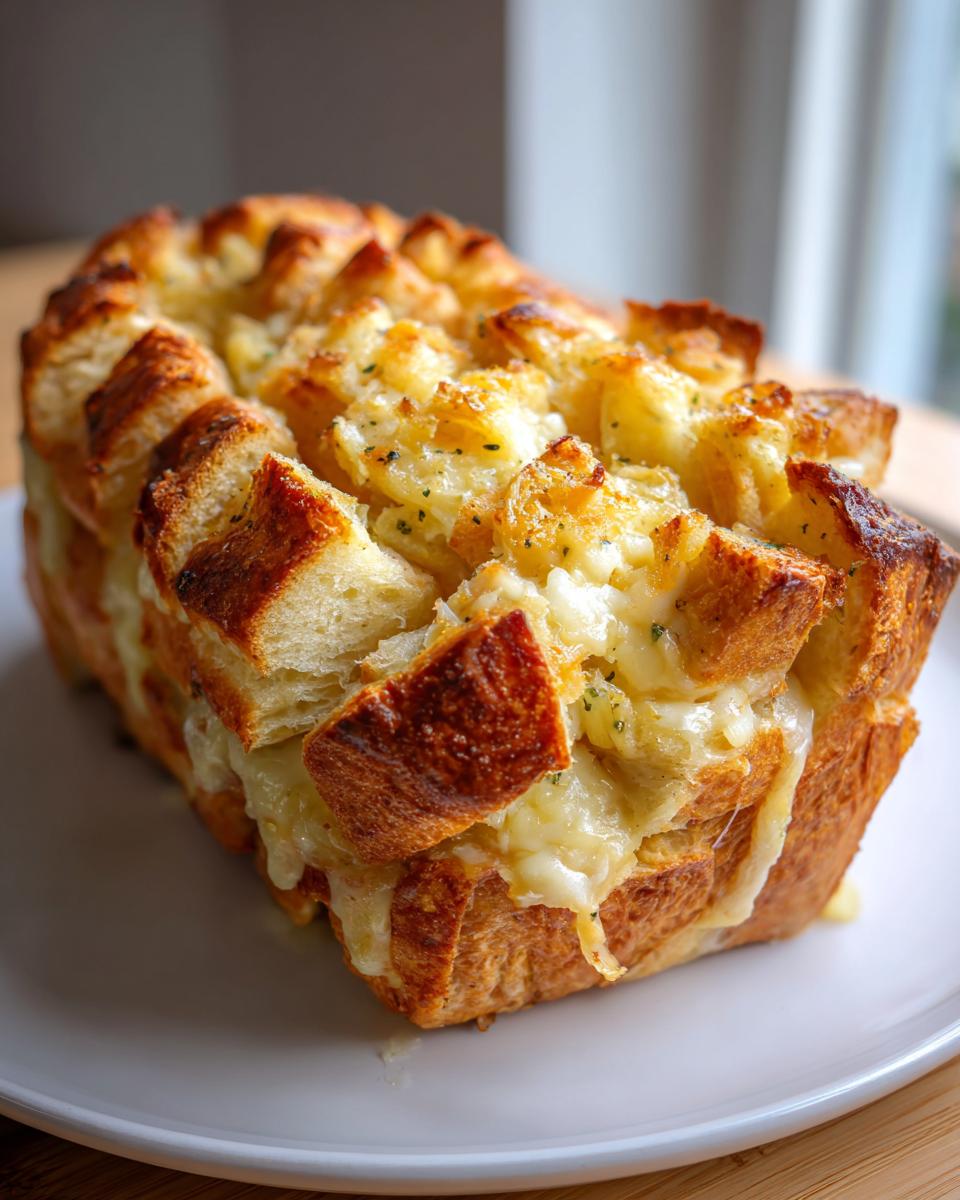 A golden brown loaf of pull-apart cheese bread, oozing with melted cheese and sprinkled with herbs.