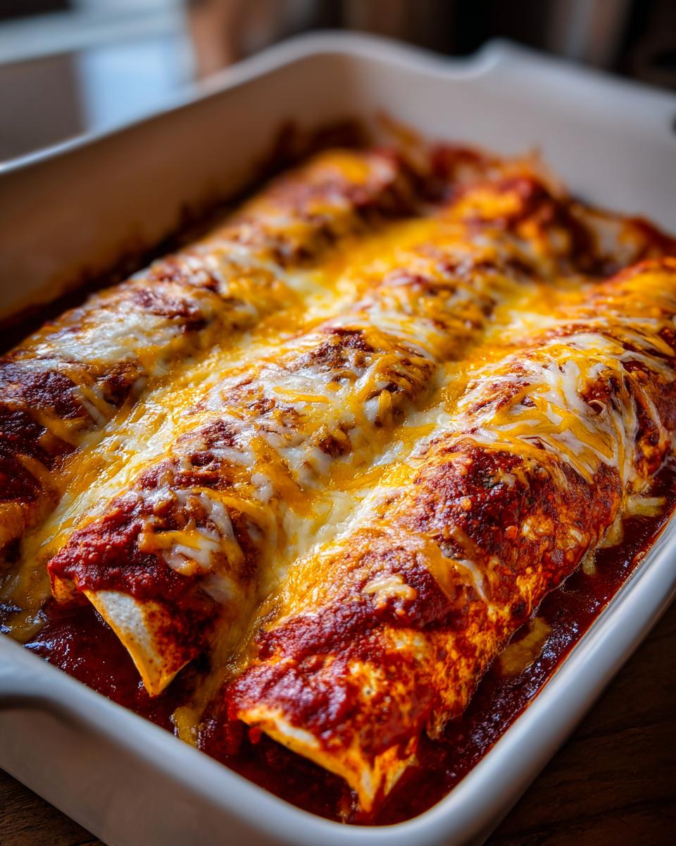 Close-up of freshly baked cheese enchiladas covered in red sauce and melted shredded cheese in a white baking dish.