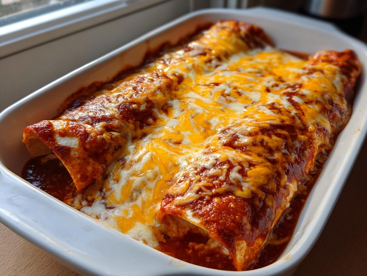 Close-up of baked cheese enchiladas smothered in red sauce and melted cheddar and Monterey Jack cheese.