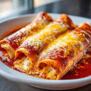 Close-up of three delicious cheese enchiladas smothered in red sauce and melted cheddar and Monterey Jack cheese.