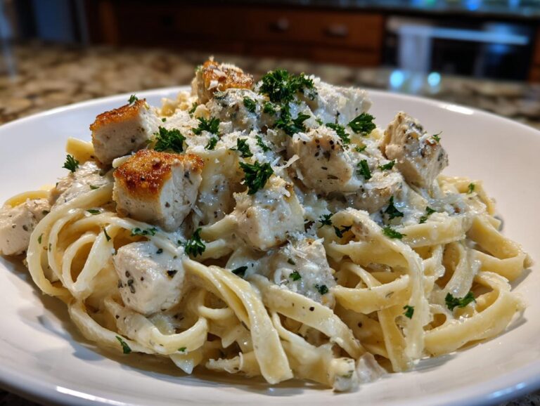 A close-up of a serving of amazing chicken fettuccine alfredo pasta topped with seared chicken pieces, parmesan, and parsley.