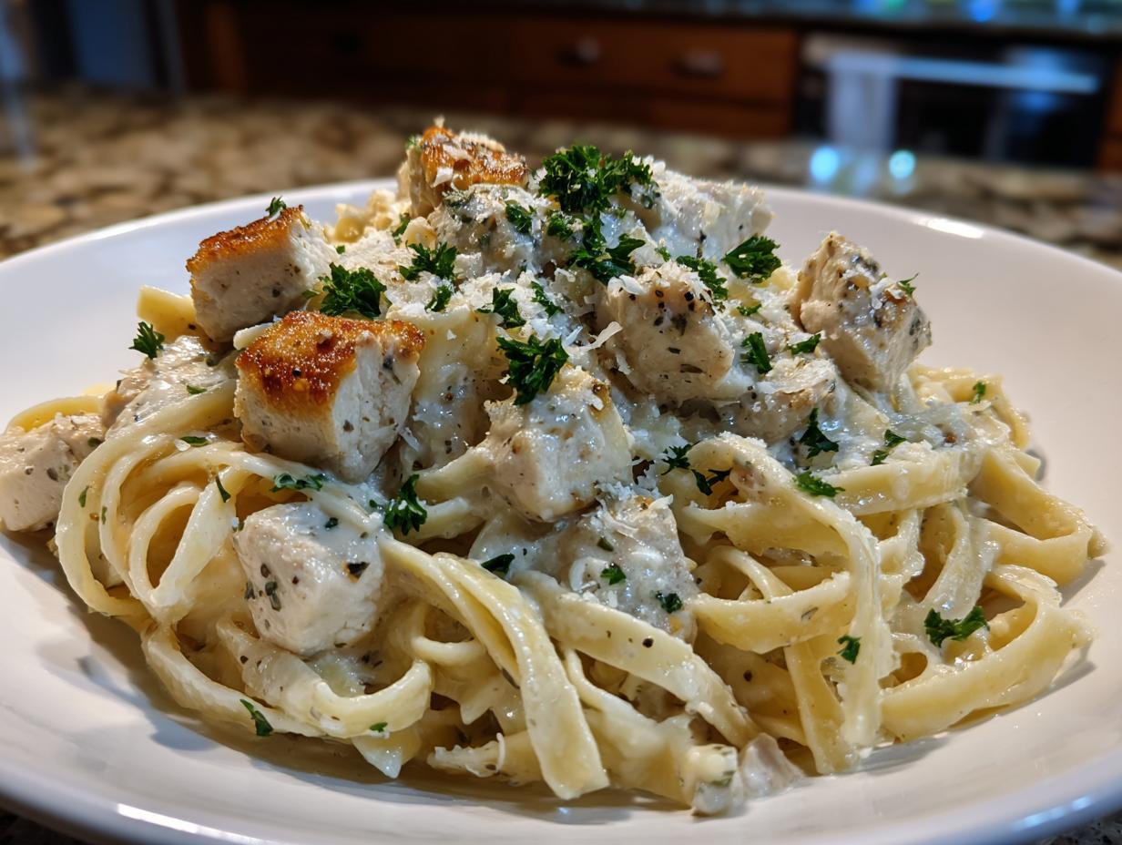 A close-up of a serving of amazing chicken fettuccine alfredo pasta topped with seared chicken pieces, parmesan, and parsley.