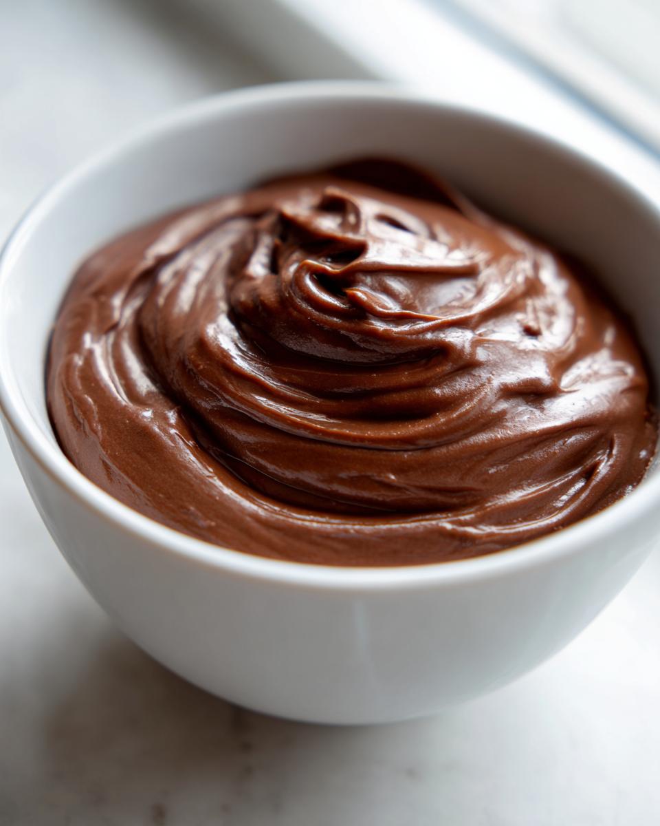 Close-up of rich, glossy chocolate dip swirled beautifully in a small white bowl.