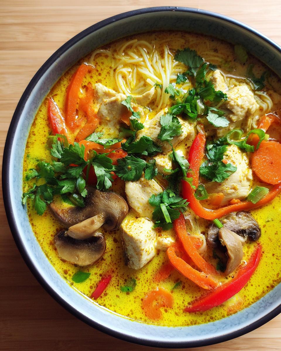 Overhead view of a vibrant coconut curry soup bowl filled with yellow broth, chicken, noodles, red peppers, mushrooms, and fresh cilantro.