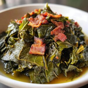 Close-up of tender, cooked collard greens served in a white bowl, topped with pieces of crispy bacon.