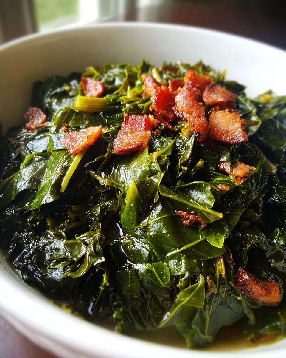 Close-up of tender, savory collard greens served in a white bowl, garnished generously with crispy bacon pieces.