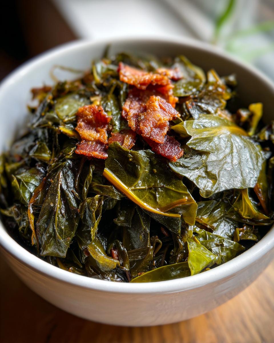 Close-up of tender, slow-cooked collard greens topped with crispy bacon pieces in a white bowl.