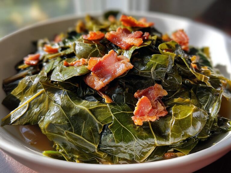 A close-up bowl of tender, savory collard greens seasoned and topped with crumbled, crispy bacon pieces.