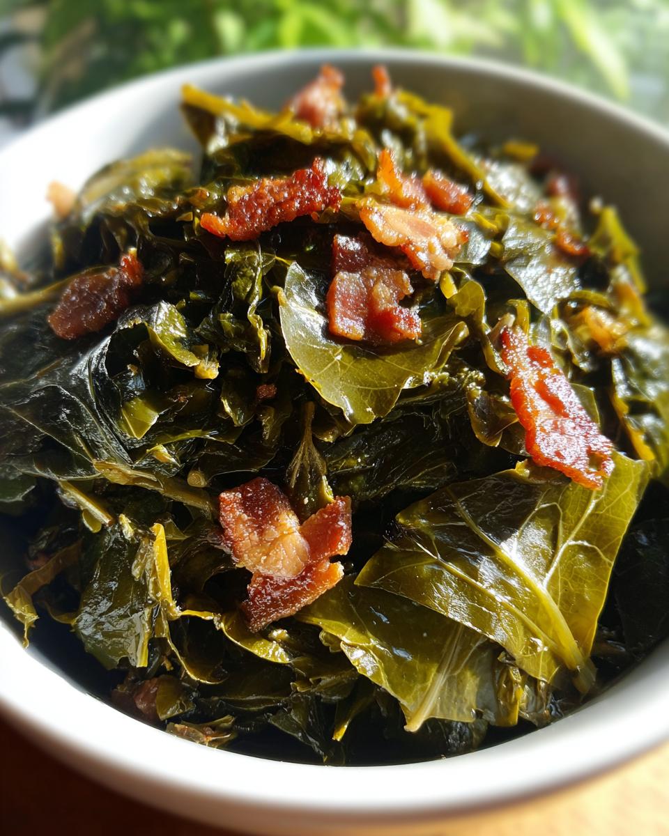 Close-up of a bowl of savory collard greens seasoned and topped with pieces of crispy bacon.
