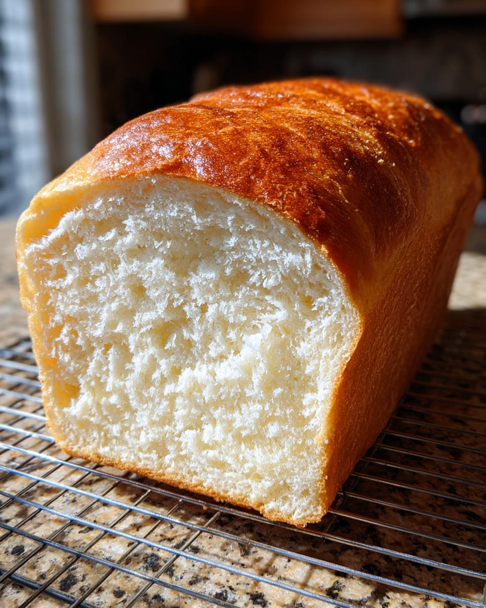 A freshly baked loaf of soft, white condensed milk bread, sliced open to show the fluffy interior, resting on a cooling rack.