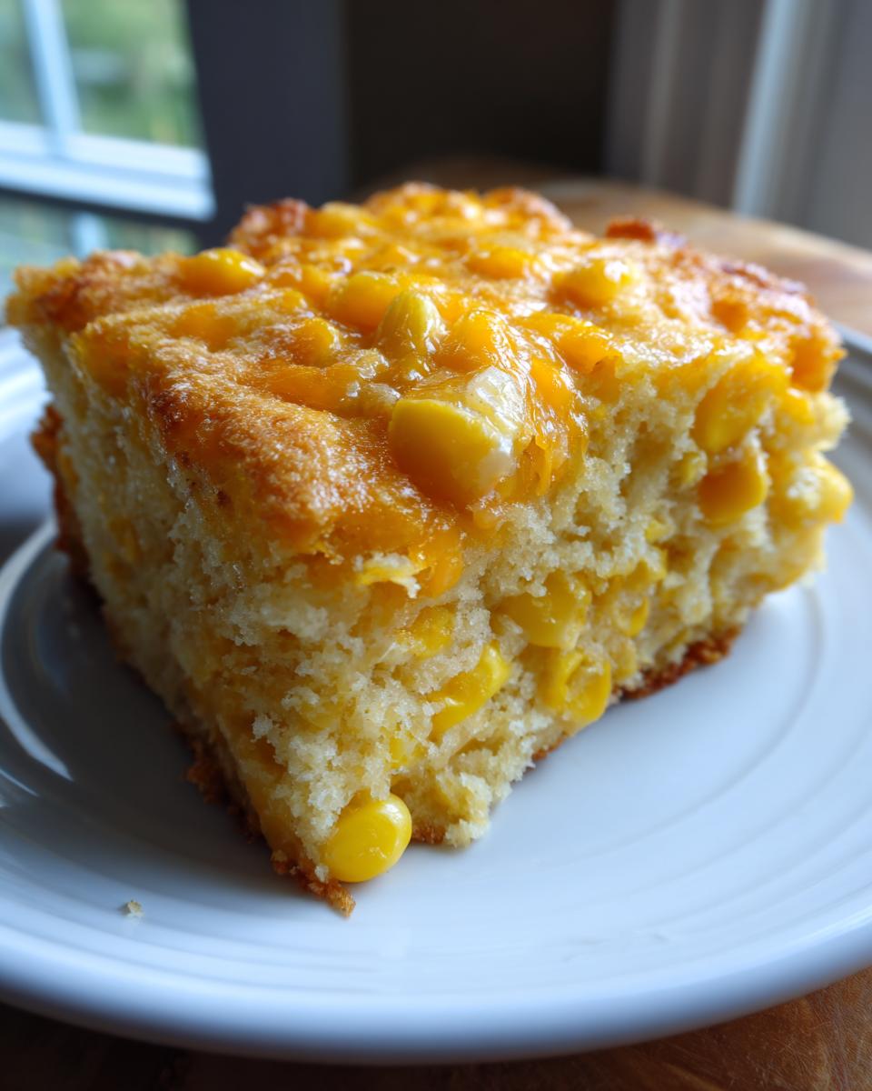 Close-up of a square slice of moist cornbread casserole topped with melted cheddar cheese and whole corn kernels.