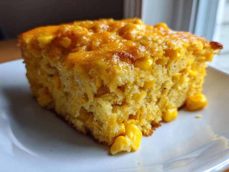 Close-up of a moist, golden slice of cornbread casserole studded with whole corn kernels, served on a white plate.