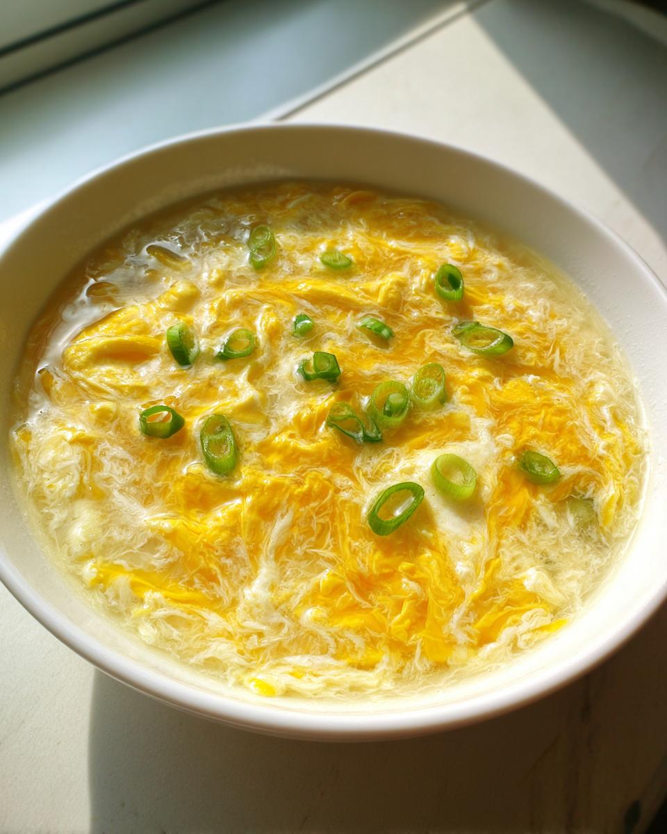 A white bowl filled with steaming egg drop soup, featuring wispy ribbons of yellow egg and topped with sliced green onions.